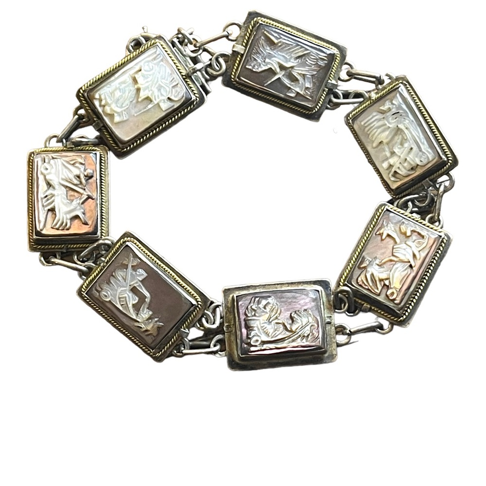 Vintage Sterling silver 925  abalone shell Cameo story book Roman Bracelet
